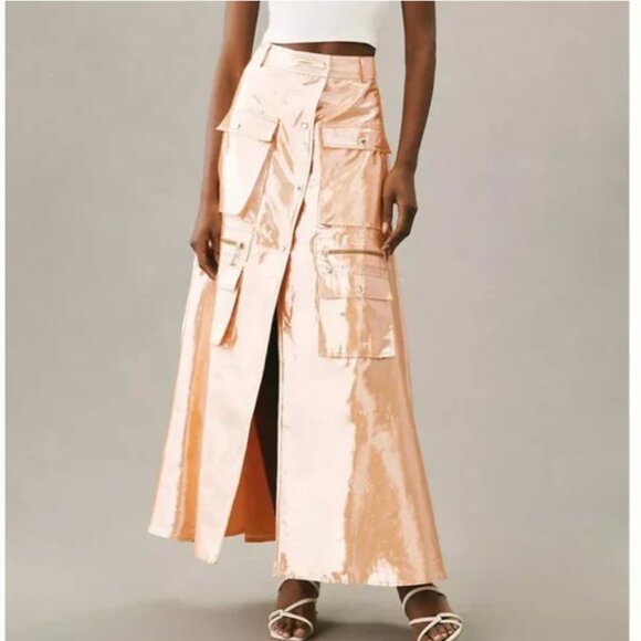 ⭐️ Let Me Be Metallic Cargo Grunge Trendy Chic Glam Model Y2K Rock Maxi Skirt - Picture 1 of 6